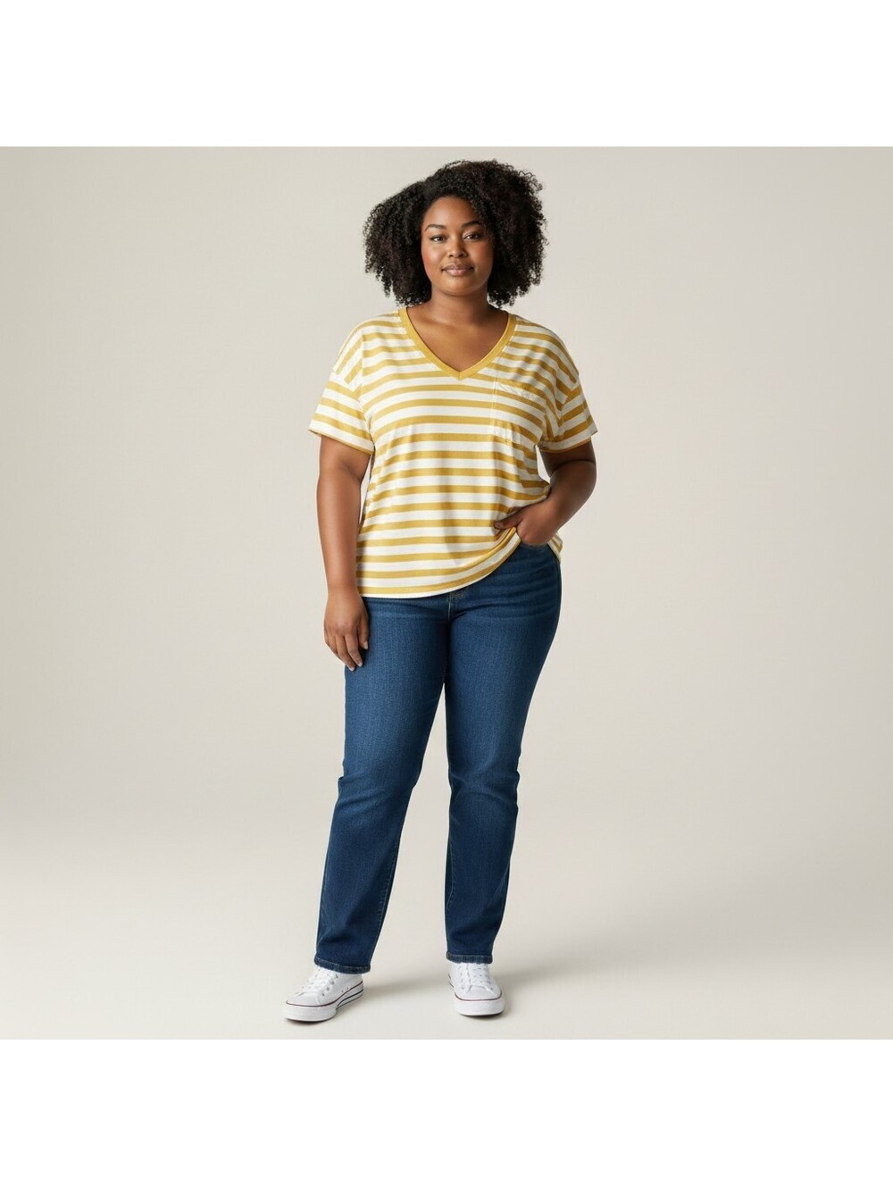 A New Approach T-Shirt Women 2X Plus White Striped V-Neck Short Sleeve Pockets
